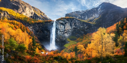 Waterfall in autumn mountains, panoramic nature landscape, national park travel photo 