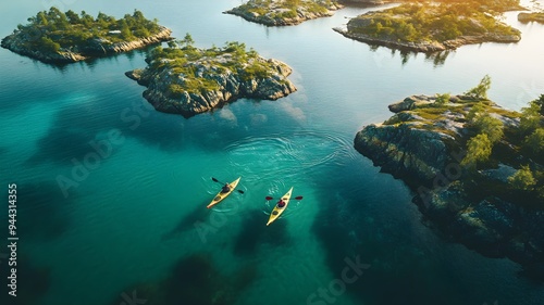 Paddling kayak among islands in clear seawater, summer activity drone photo
