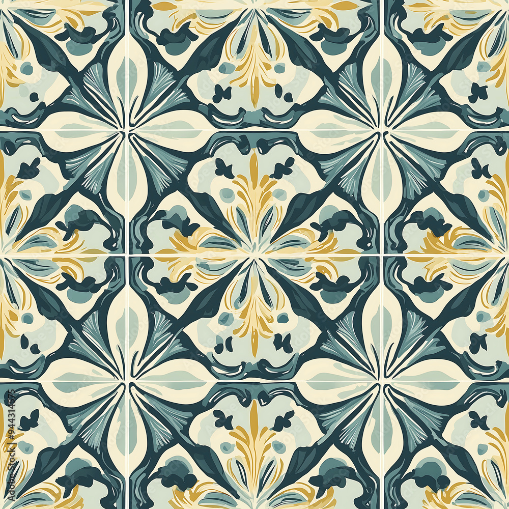 Classic Ornamental seamless Tile Pattern in Blue and Gold - Elegant Geometric Design Classic Ornamental seamless Tile Pattern in Blue and Gold - Elegant Geometric Design