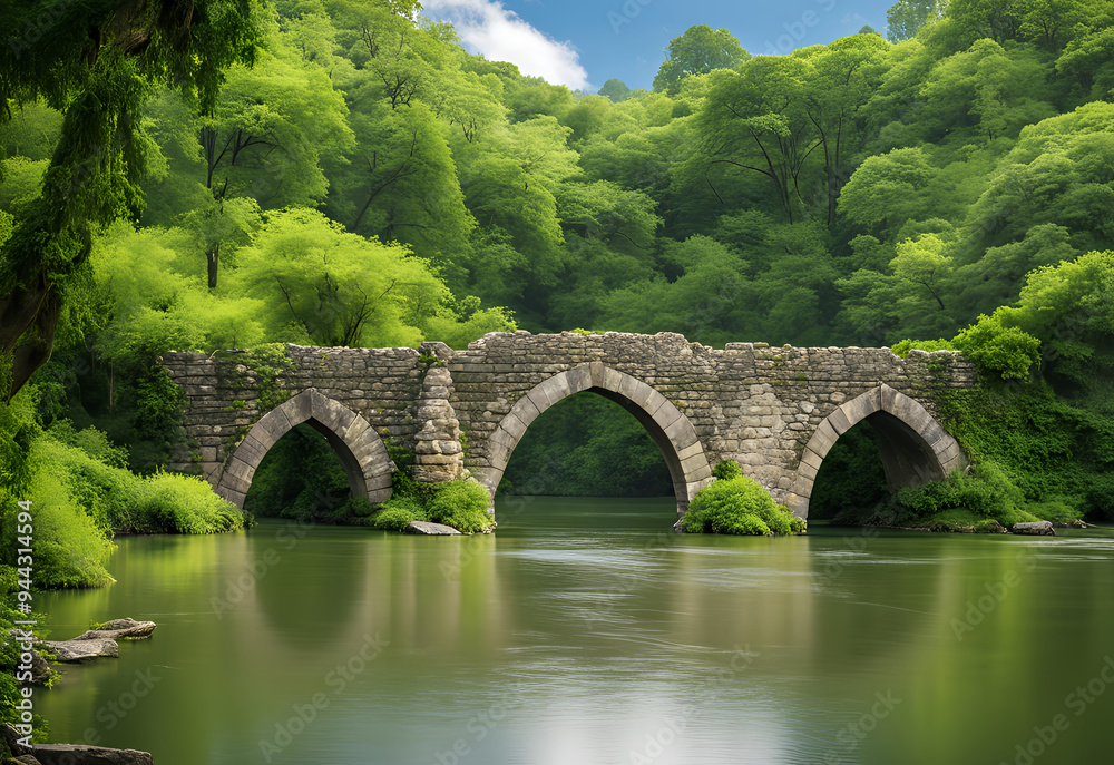 Fototapeta premium Stone bridge over the river in the green forest. Summer landscape.
