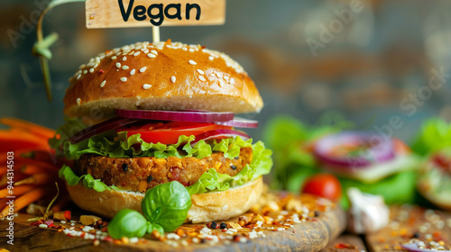 Vegan burger. Concept Vegan Recipes, Plant-based Cooking, Healthy Eating, Burger Ideas, Meatless Options. World Vegetarian Day