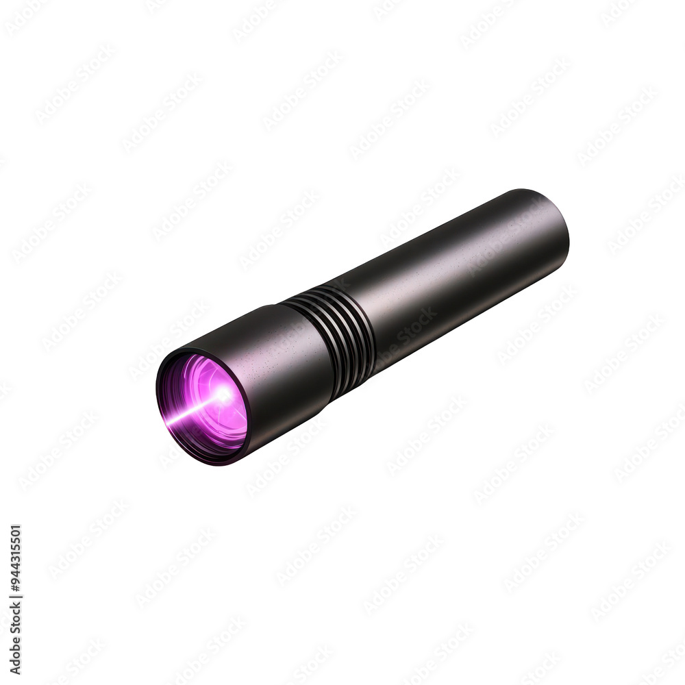 A modern black flashlight with a vibrant purple beam, ideal for outdoor adventures and emergency situations. transparent background A modern black flashlight with a vibrant purple beam, ideal for outdoor adventures and emergency situations. transparent background