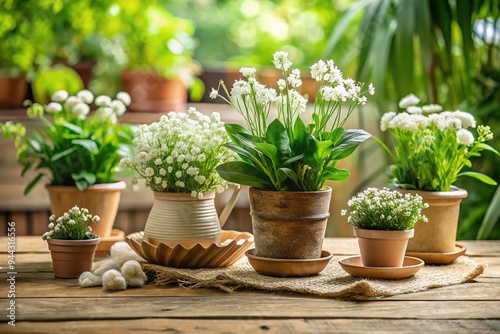 Wallpaper Mural Vibrant green potted pnant plants with delicate white blooms and slender stems sit atop a rustic wooden table, surrounded by natural textiles and earthy accents. Torontodigital.ca