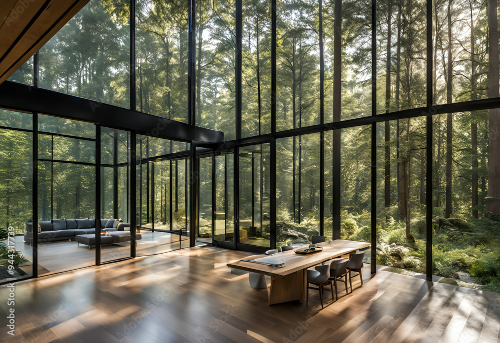Interior of a modern living room with panoramic windows and wooden floor Interior of a modern living room with panoramic windows and wooden floor