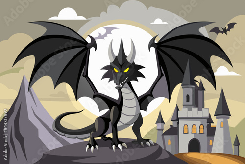 Welcoming black and white dragon with wings outstretched in front of a fairy tale castle
