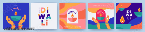 Diwali Hindu festival of lights greeting design set with oil lamp on colorful waves and hands holding diya. Trendy holiday background for branding, greeting card, web banner, cover, flyer or poster
