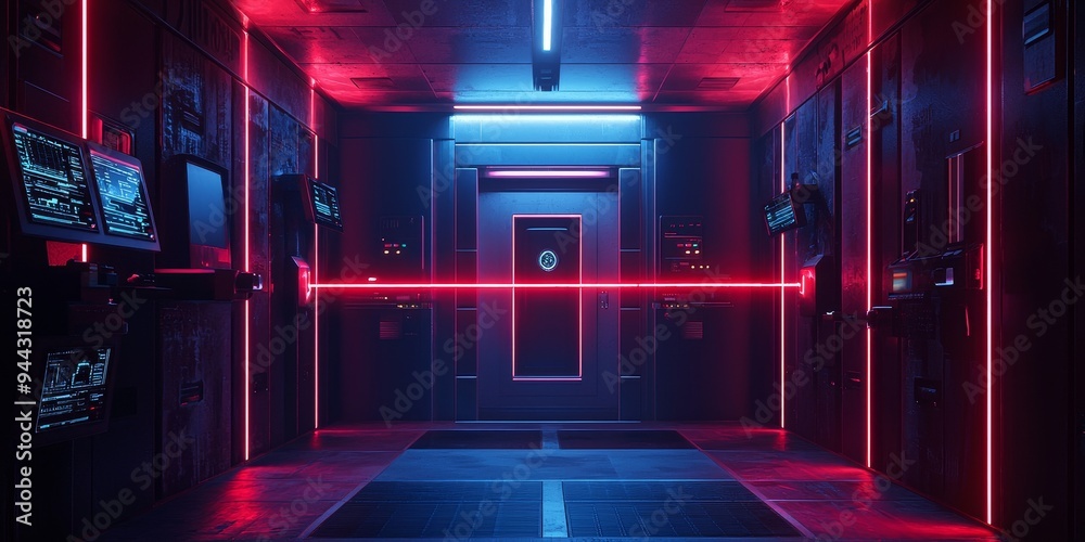 A high-security vault protected by laser beams crisscrossing the entrance, with security cameras, biometric scanners, and futuristic control panels. A high-security vault protected by laser beams crisscrossing the entrance, with security cameras, biometric scanners, and futuristic control panels.
