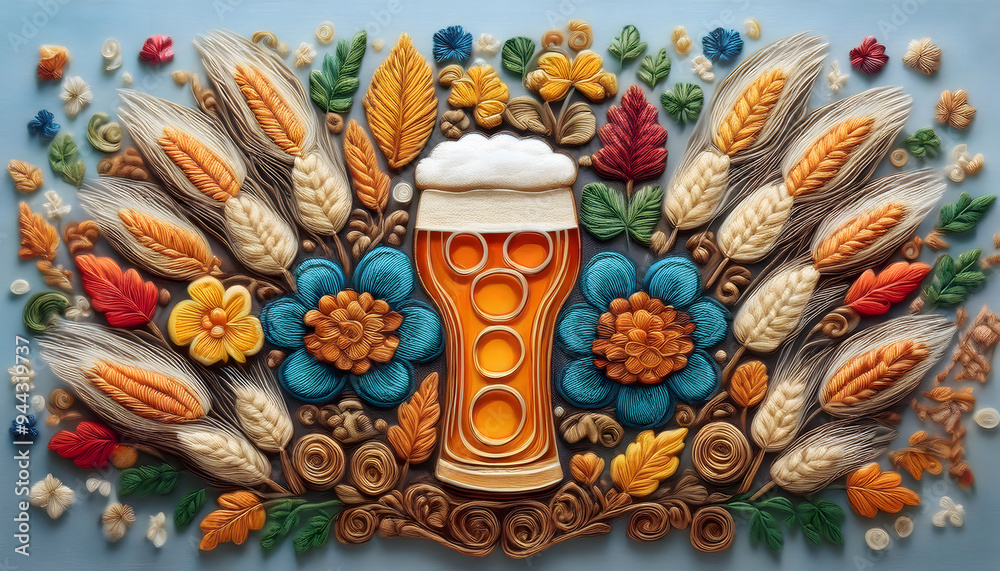 Naklejka premium embroidery, beer, glas, getränk, neu, close up, wiesn, bayern, oktoberfest, münchen, bayrisch, floral, trinken, feier, party, fest, feiern, dekoration, stickerei, gestickt, ad, copy space, kreativ, 3d