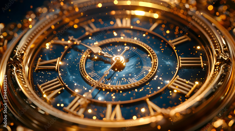 Fototapeta premium Golden Clock Face with Roman Numerals and Sparkling Lights 3D Illustration