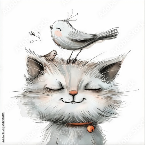 Cheerful cute carefree cat with eyes closed in pleasure with a bird on his head. photo