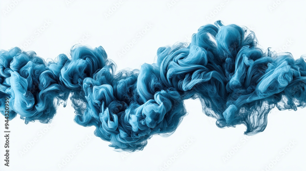 Dynamic blue ink cloud swirling in water against a white background, creating intricate textures and patterns.