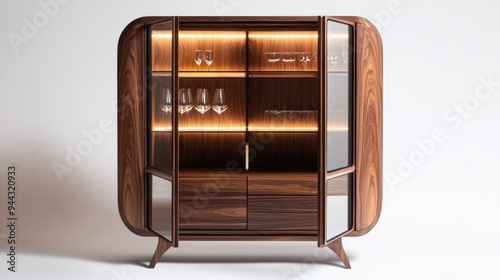 Modern Walnut Display Cabinet with Glass Doors