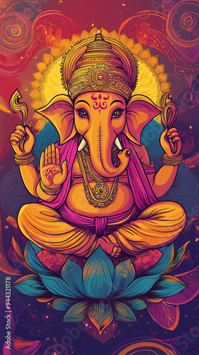 Lord Ganesha poster, fine art print, religious poster india, vibrant colors, handdrawn cartoon style, indian cartoon stylePatron of intellectuals, bankers, scribers, authors, sciences, wisdom.Also kno photo