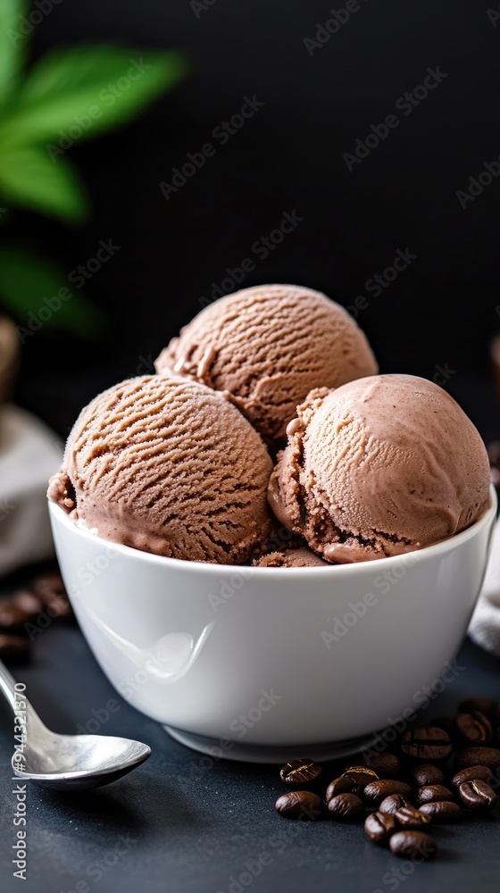 Three scoops of chocolate ice cream are elegantly arranged in a grey bowl, accompanied by a spoon and scattered nuts on a dark surface Three scoops of chocolate ice cream are elegantly arranged in a grey bowl, accompanied by a spoon and scattered nuts on a dark surface