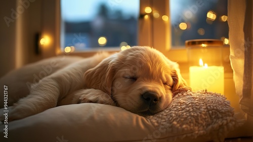 A cute chubby puppy sleeping by the wooden window, on a soft pillow with candle photo