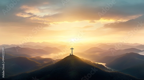 A man kneels in prayer while a cross stands above him, illuminated by golden sunlight filtering through storm clouds over a gentle river below