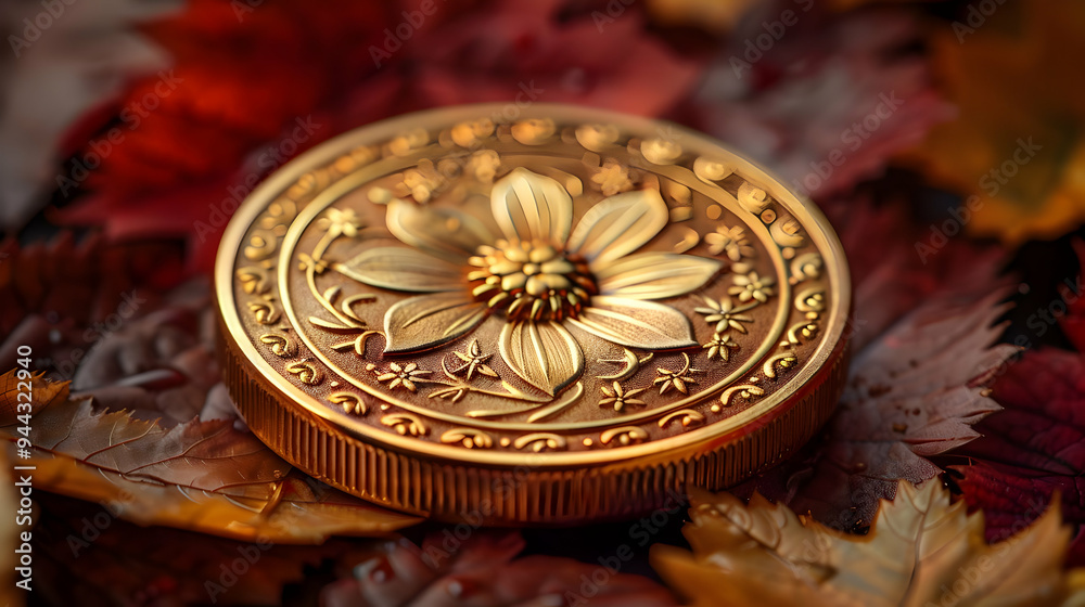Golden Flower Coin on Autumn Leaves - Macro Photography Golden Flower Coin on Autumn Leaves - Macro Photography