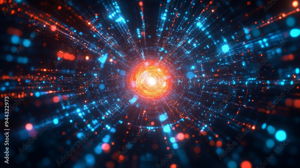 Digital Ecosystem Representation: Vibrant Neon Pathways and Central Glowing Core in Futuristic Tech Networks