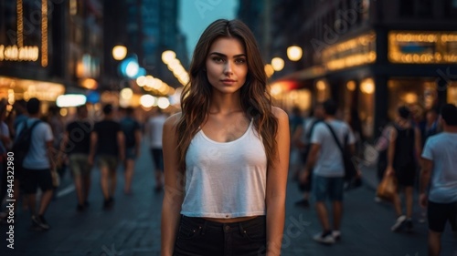 A woman stands in the middle of a busy city street