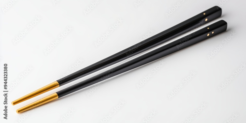 A pair of black chopsticks with gold ends positioned neatly against a clean white background, highlighting their elegant design A pair of black chopsticks with gold ends positioned neatly against a clean white background, highlighting their elegant design