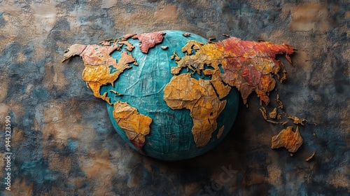 An artistic illustration depicting Earth with its continents drifting apart against a textured backdrop. photo