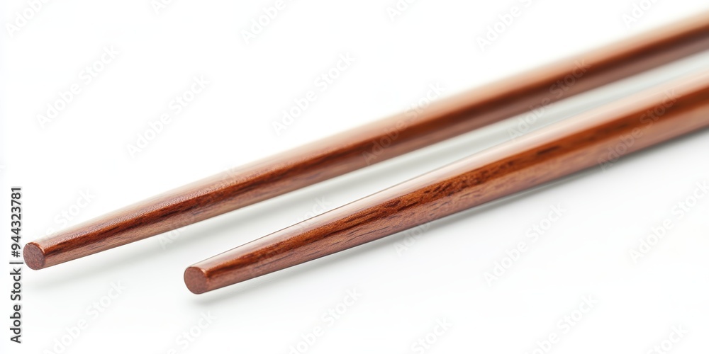 Two elegant wooden chopsticks resting on a white surface, showcasing their smooth finish and fine craftsmanship Two elegant wooden chopsticks resting on a white surface, showcasing their smooth finish and fine craftsmanship