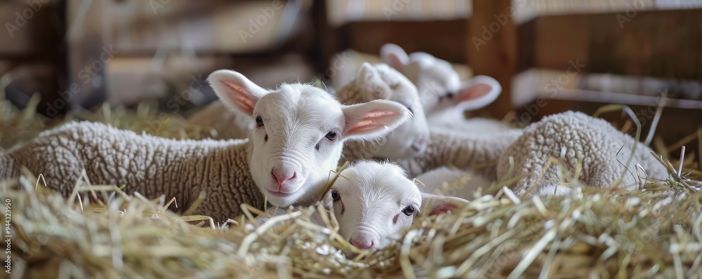 Four lambs resting together in a cozy barn setting.
