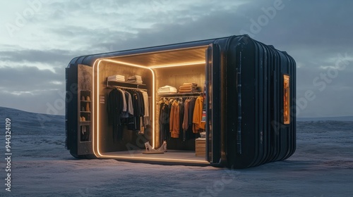 Fototapeta Naklejka Na Ścianę i Meble -  a small pop up street clothing shop that resembles a black cargo shipment box on an alien desert