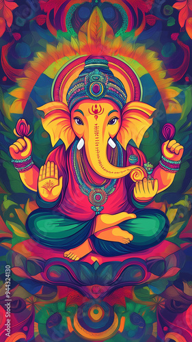 Lord Ganesha poster, fine art print, religious poster india, vibrant colors, handdrawn cartoon style, indian cartoon stylePatron of intellectuals, bankers, scribers, authors, sciences, wisdom.Also kno photo