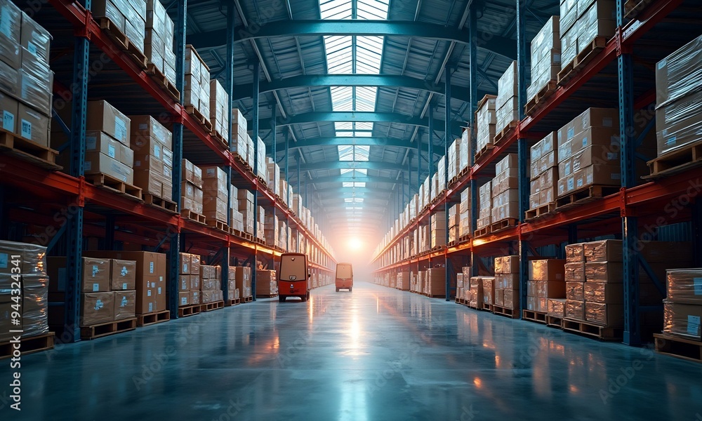 Fototapeta premium Photorealistic scene with warehouse logistics operations