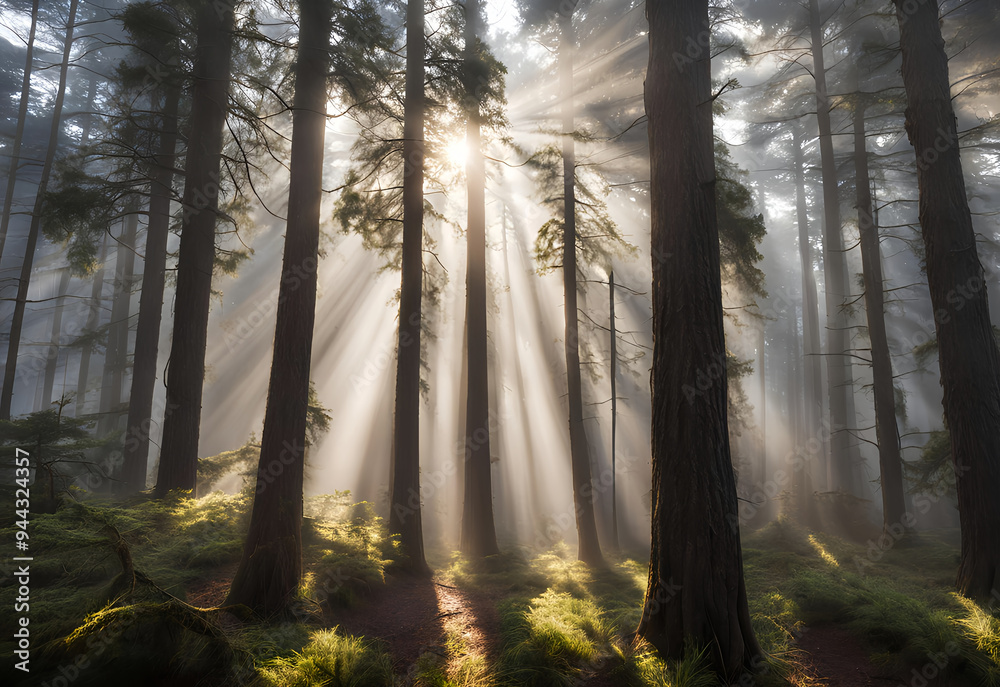 Obraz premium Sunrise in the misty forest with sun rays passing through the trees