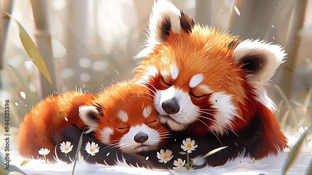 A mother red panda and her cub snuggle together in a field of daisies, their eyes closed in a peaceful slumber. A mother red panda and her cub snuggle together in a field of daisies, their eyes closed in a peaceful slumber.
