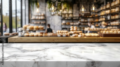 Blurred white marble counter in front of a blurred bakery shop interior showing customers, pastries and shelves displaying products with a background banner leaving space for copy. Display montage.