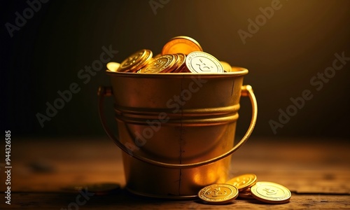 A bucket of coins is filled with gold coins.