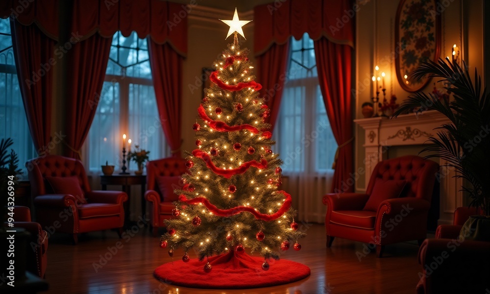 Fototapeta premium Indoor christmas tree decorated with lots of ornaments