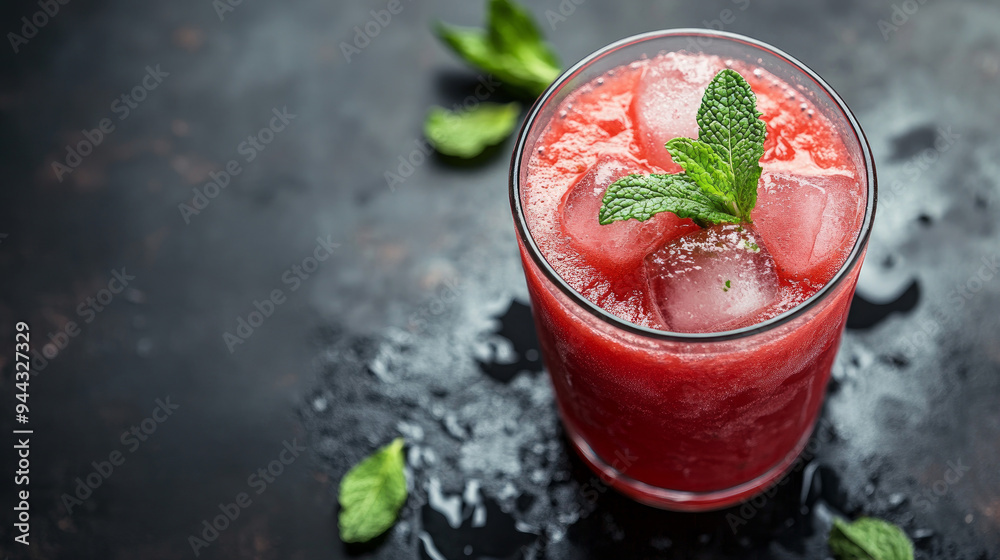 Refreshing watermelon juice with mint and ice in a glass Refreshing watermelon juice with mint and ice in a glass