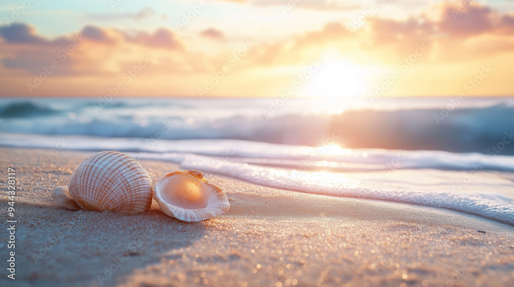 A shell is laying on the beach, with the sun setting in the background A shell is laying on the beach, with the sun setting in the background