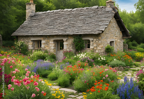 Old stone cottage with flowers in the garden