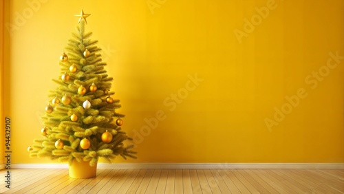 Christmas tree with golden ornaments on yellow wall background

