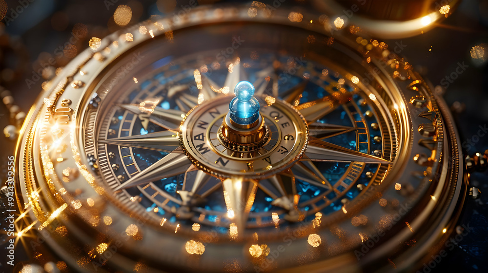 Golden Compass with Blue Gemstone Illustration Golden Compass with Blue Gemstone Illustration