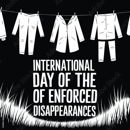 Symbolic black and white illustration with empty hanging clothes, representing the International Day of the Victims of Enforced Disappearances and the absence left by missing loved ones.