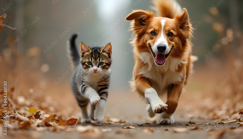Happy dog and curious cat running down a forest path. Happy dog and curious cat running down a forest path.