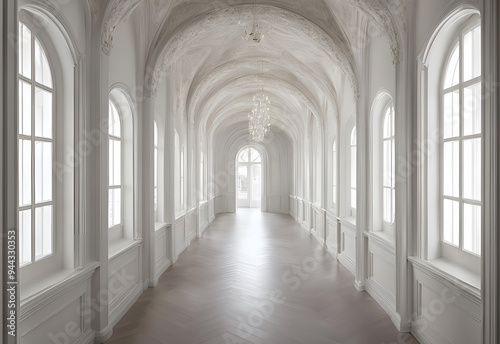 Luxury white empty hall with white walls, ceiling.