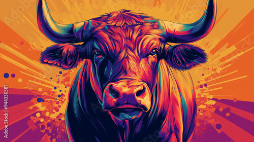 Colorful illustration of a bull with an abstract background.