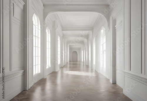Luxury white empty hall with white walls, ceiling.

