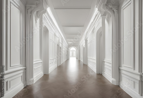 Luxury white empty hall with white walls, ceiling.

