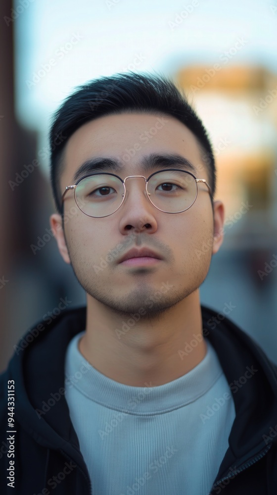 A young Asian man stands still with a serious expression, capturing attention with his attire A young Asian man stands still with a serious expression, capturing attention with his attire