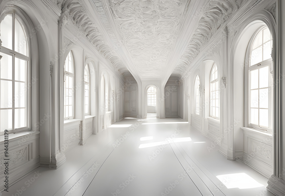 Luxury white empty hall with white walls, ceiling.

