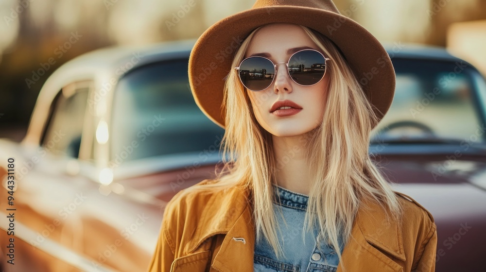 Blonde Woman in Hat and Sunglasses Standing By a Classic Car Blonde Woman in Hat and Sunglasses Standing By a Classic Car