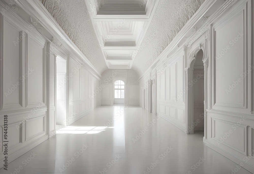 Fototapeta premium Luxury white empty hall with white walls, ceiling.